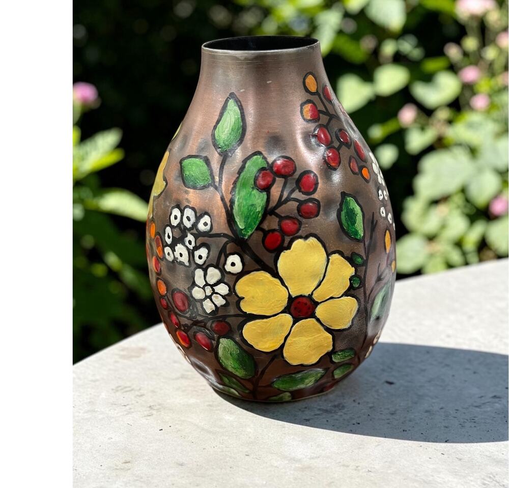 Handpainted Copper Vase Flowers Floral Vessel Original Art Garden Theme